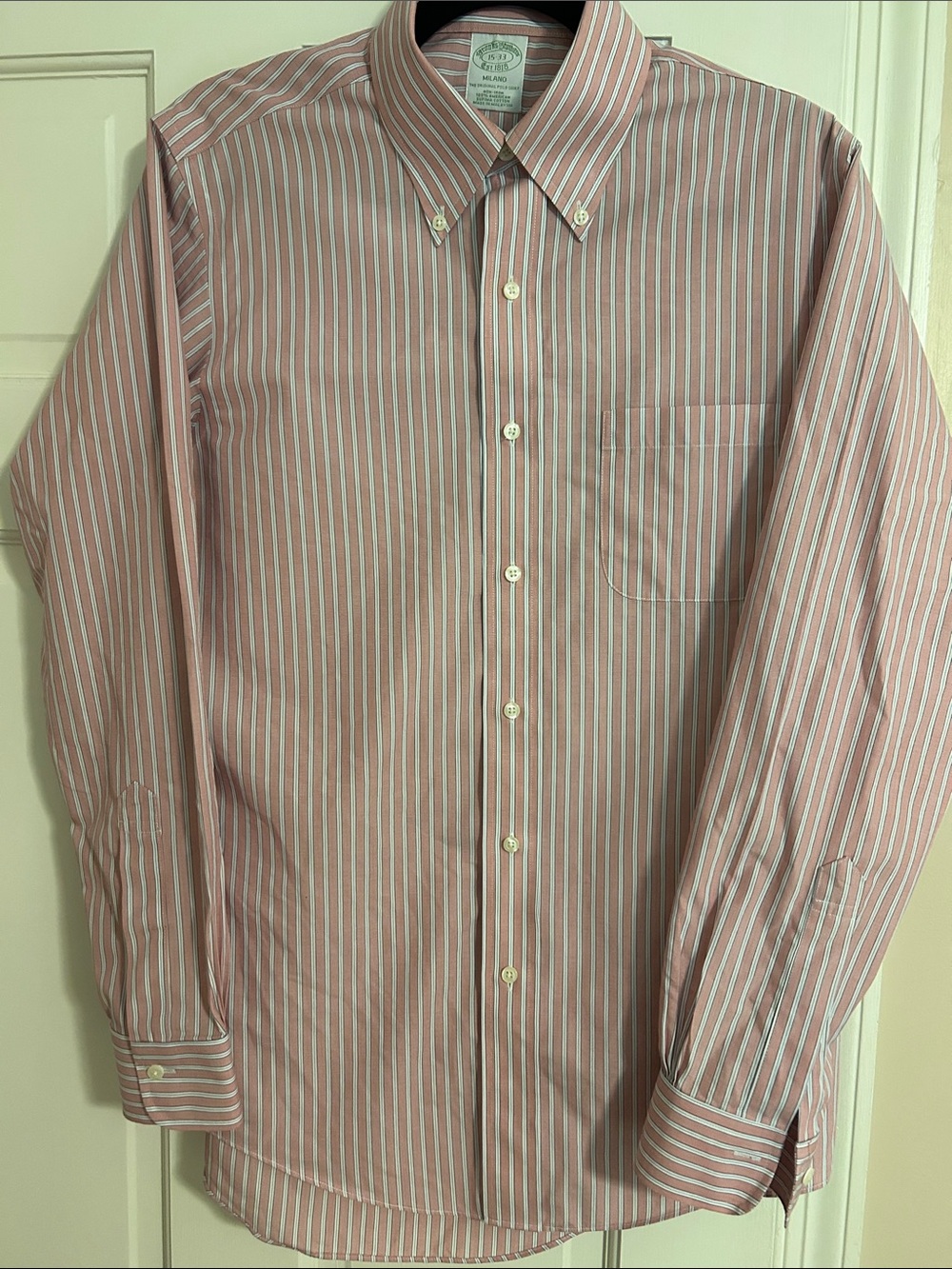 Brooks Brothers Pink and White Striped Button-Down Dress Shirt Size 15-33